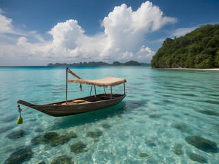 Fototapeta na wymiar A beautiful summer landscape showcases a tropical island design with a boat-in-the-ocean design.
