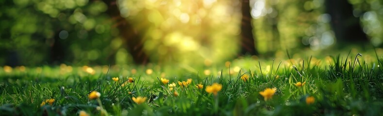 Spring's Vitality: Green Grass and Yellow Wildflowers Bathed in Sunlight - Generative AI
