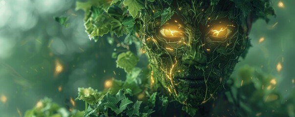 macro view of a glowing woodland spirit with eyes that glow mysteriously and deeply amid the foliage, and leafy appendages highlighted in veins of light.