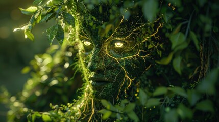 macro view of a glowing woodland spirit with eyes that glow mysteriously and deeply amid the foliage, and leafy appendages highlighted in veins of light.