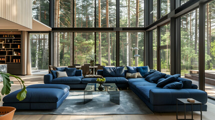 Large room with blue sofa and lounge chairs. Modern living room interior design in a minimalist cottage in the forest - obrazy, fototapety, plakaty
