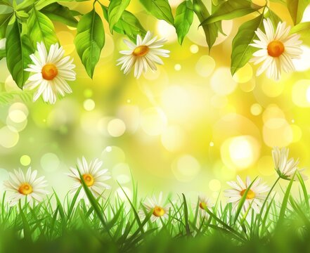 Sunny Spring Bliss: Daisies and Fresh Leaves in Golden Light - Generative AI
