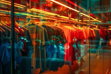 T-shirts on hangers. Shopping in store. Clothes on hangers in shop for sale