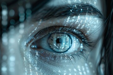 Close-up of a human eye with digital binary code reflecting on the iris, representing concepts of cyber security, futuristic technology, and data analysis