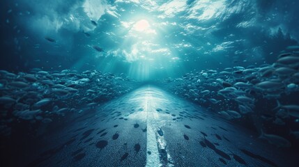 A fantasy underwater road with a lot of fish swimming in the water, AI - obrazy, fototapety, plakaty