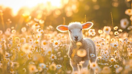Sunset Serenade: A Lamb Amidst Spring Daisies in Golden Splendor - Generative AI - obrazy, fototapety, plakaty