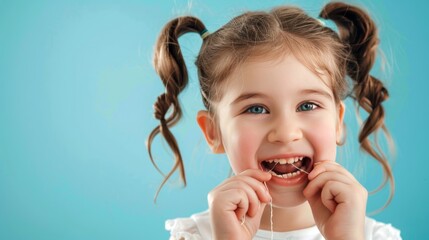 Happy child using dental floss to clean teeth