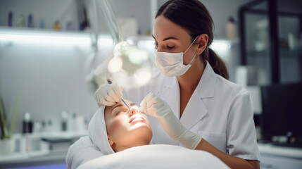 Patient relaxes during a cosmetic procedure with a professional cosmetologist wearing gloves and a mask, working on her eyebrows in a clean, bright beauty clinic