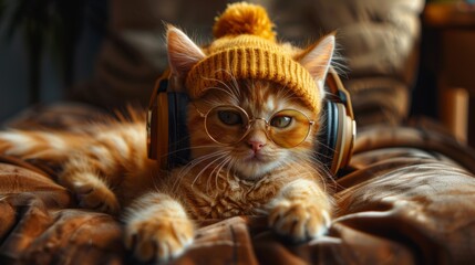 Cute red kitty wearing glasses, yellow knitted hat and headphones, laying on the chair