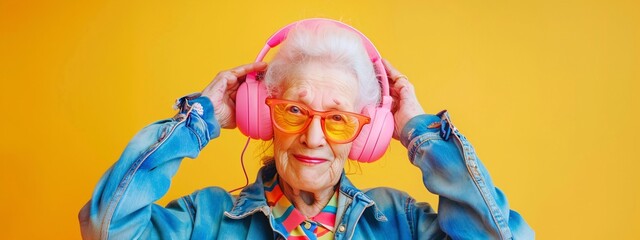 an old woman wearing pink headphones - Powered by Adobe