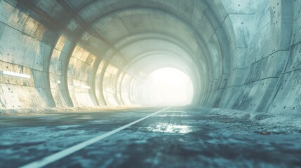 A man riding a bike through an empty tunnel with snow on the ground, AI