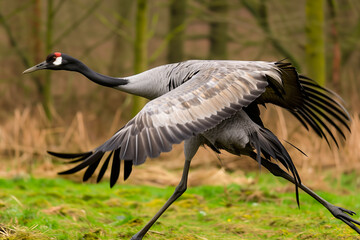 Wild common crane, grus grus, walking on hay field in spring nature. Large feathered bird landing on meadow from side view. Animal wildlife in wilderness