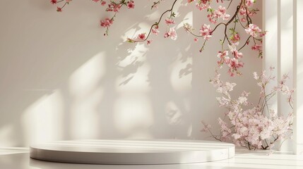 Minimal design 3D podium, spring floral display, pink flowers and white blossoms, nature shadow