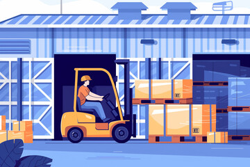 Worker driving forklift loading and unloading shipment carton boxes and goods on wooden pallet from container truck to warehouse cargo storage in logistics and transportation industrial