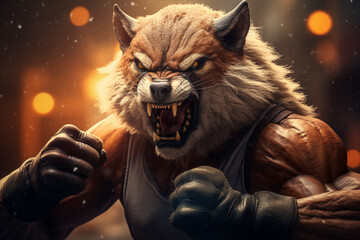 An HD image capturing the raw energy and determination of a tough, mean, and muscular wolf character or sports mascot throwing a powerful punch, his fierce expression and formidable presence dominatin