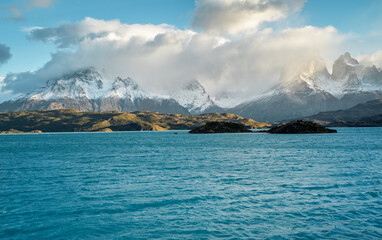 The shore of lake Lago del Pehoe in the Torres del Paine national park, Patagonia, Chile.