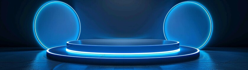 Neon blue circle podium, 3D dark room, glowing abstract platform, modern LED stage