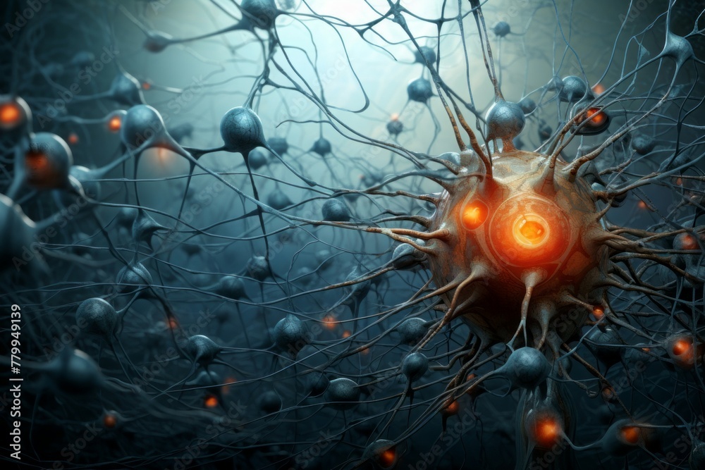 Poster comprehensive single neuron synapses scheme board. network system cell science mind. generate ai