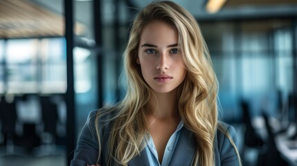 A woman with long blonde hair posing in a business setting, AI