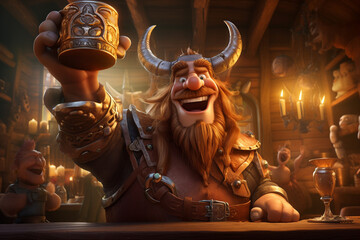 An HD image capturing the whimsical charm of a cartoon viking raising a mug in celebration, his...