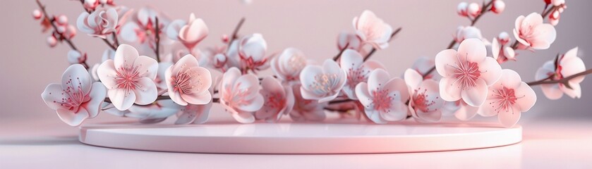 Spring flower beauty podium, 3D pink and white blossom stage, minimal nature background display