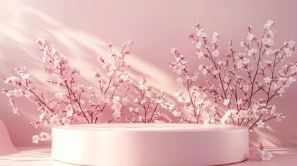 Spring flower podium, pink beauty display, 3D nature backdrop, minimal white blossom design