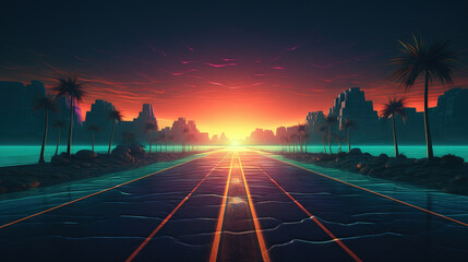 Road to horizon in synthwave style. 80s styled purple and blue synthwave highway landscape. - obrazy, fototapety, plakaty