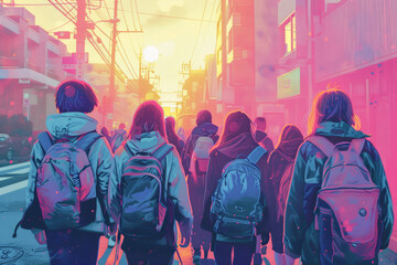 Back view of teenagers going to high school. Risograph style. Back to school concept. - obrazy, fototapety, plakaty