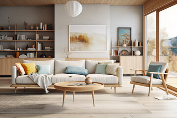 An HD image of a beautifully designed Scandinavian living room, characterized by bright colors, natural materials, and a harmonious balance of simplicity and sophistication.
