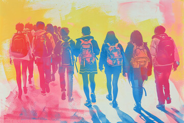 Back view of teenagers going to high school. Risograph style. Back to school concept.