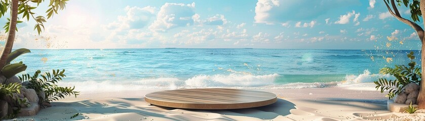 Sunny beach display podium, 3D sand and sea platform, summer vacation promotion, sky backdrop - obrazy, fototapety, plakaty