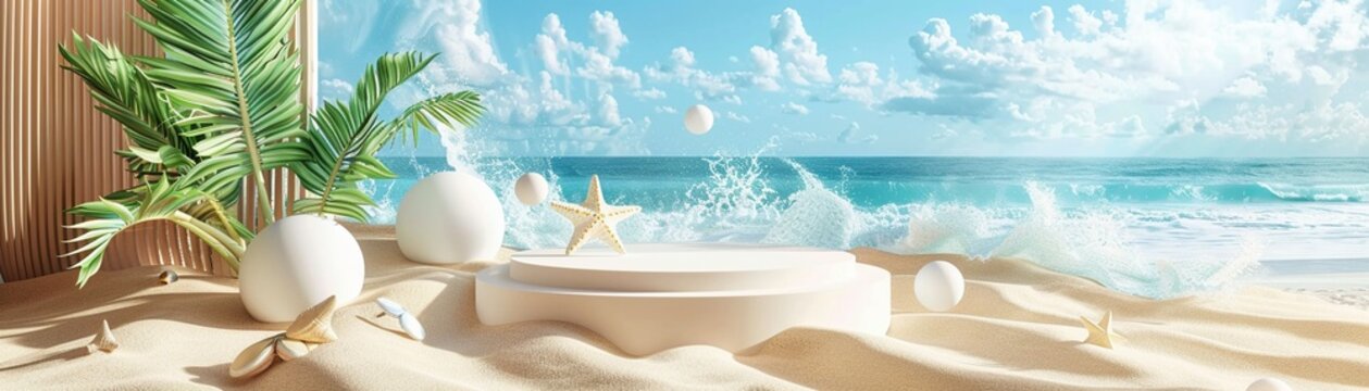 Sunny beach display podium, 3D sand and sea platform, summer vacation promotion, sky backdrop