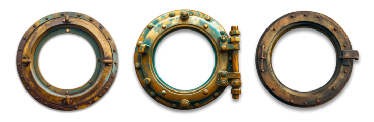 Set of Vintage Aged Brass Ship Porthole on a Transparent Background. Transparent PNG.