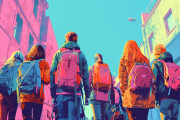 Back view of teenagers going to high school. Risograph style. Back to school concept.