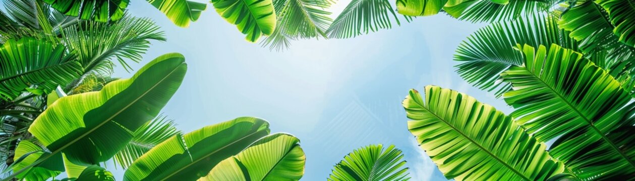 Tropical beauty podium, vibrant green leaf surround, clear sky overhead, birda  seye view shot