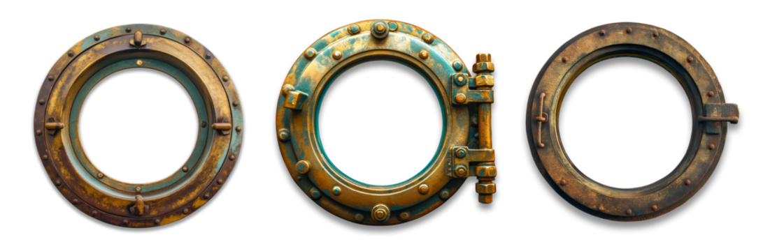 Set of Vintage Aged Brass Ship Porthole on a Transparent Background. Transparent PNG.