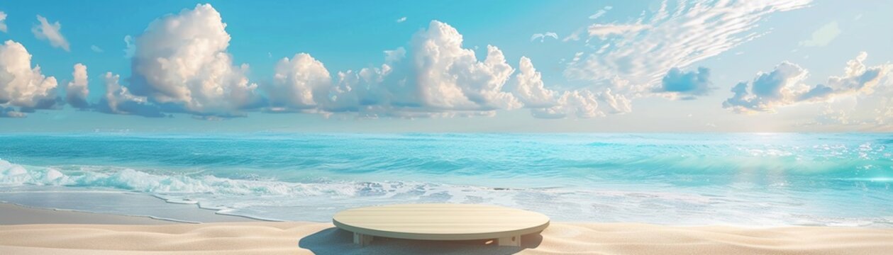 Vacation sale podium, beach sand platform, summer sea and sky scene, travel promotion display