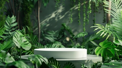 White plant and green nature podium, wood jungle cosmetic stand, forest beauty platform