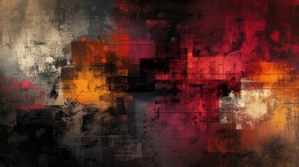 A large abstract painting with a red, orange and yellow color scheme, AI