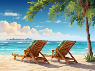 A beautiful tropical vacation on a beach with wooden beach chairs is an exotic summer getaway to relax and enjoy the ocean views design.