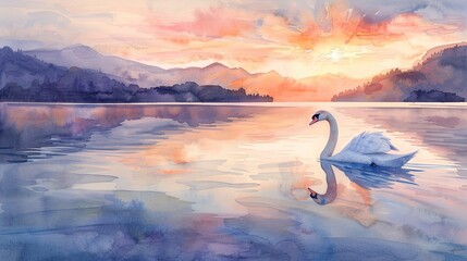 A serene watercolor painting of a swan gliding on a glassy lake at sunset