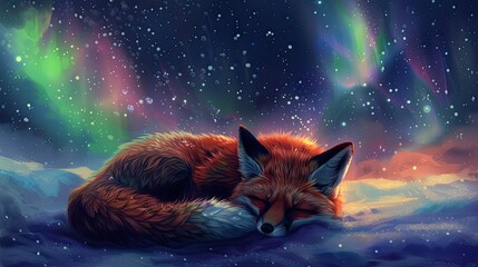 A sleepy fox curled up under a starry sky