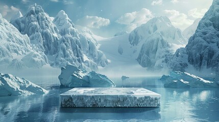 Winter ice podium, glacier water scene, snowy mountains, frozen sea backdrop, refreshing ad display - obrazy, fototapety, plakaty