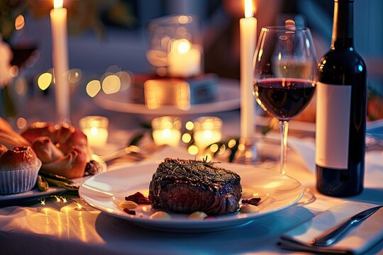 A romantic dinner setting with a beef dish as the main course paired with fine wine and candles