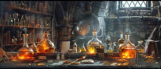 An alchemists laboratory with golden potions and ancient manuscripts exploring the mythical quest for gold - obrazy, fototapety, plakaty