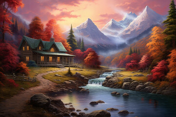 An HD image showcasing the beauty of a painting that depicts a scenic mountain scene in autumn, featuring a cozy cabin surrounded by a vibrant forest and a gentle stream flowing through the idyllic la