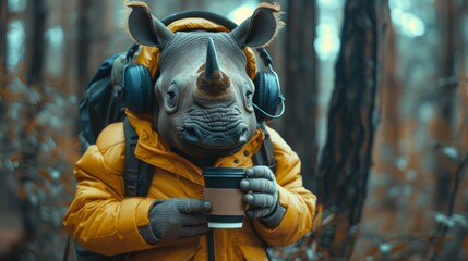 A rhino wearing a yellow jacket and holding coffee in his hand, AI - obrazy, fototapety, plakaty