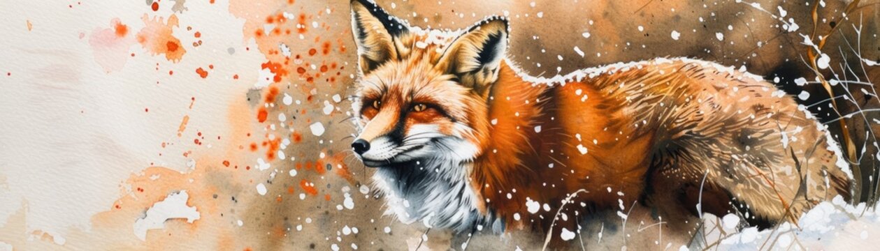 A watercolor scene of a red fox in the snow