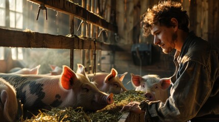 The Farmer Feeding His Pigs - obrazy, fototapety, plakaty