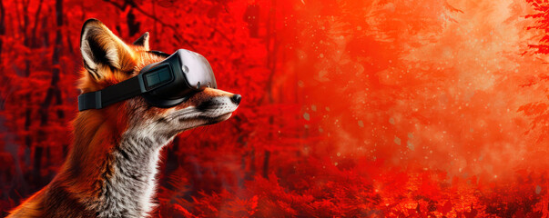 A fox in VR glasses within a fiery forest setting, perfect for VR gaming promotion or as an eye-catching banner for wildlife education in virtual environments.